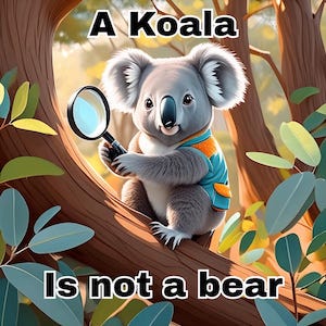 A koala in a tree with a magnifying glass and the text 