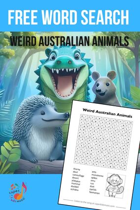 Different Australian animals and a free word search for the song Weird Australian Animals