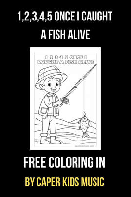 A coloring page of a boy fishing for the song 1,2,3,4,5 Once I Caught a Fish Alive