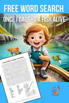 A picture of a child fishing that links to a free word search for the children's song 1,2,3,4,5 Once I Caught a Fish Alive
