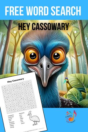 Picture of a cassowary and a free word search for the song Hey Cassowary by Caper Kids Music