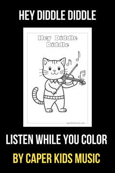 A free coloring page of a cat playing the fiddle for the song Hey Diddle Diddle