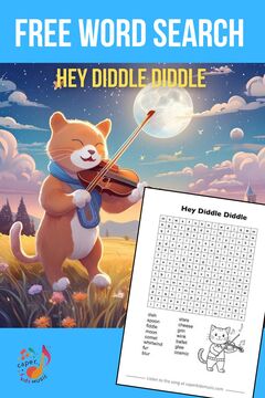 A cartoon cat playing the fiddle and a free word search for the song Hey Diddle Diddle