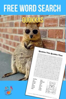A cute quokka standing up against a brick wall and a free word search for the song Quokka This Quokka That