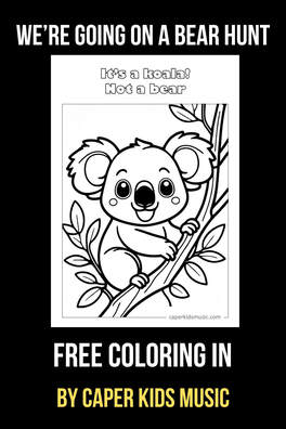A coloring page of a koala in a tree for the song We're Going on a Bear Hunt 