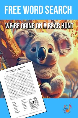 A koala in a tree and a free word search for the song We're Going on a Bear Hunt 